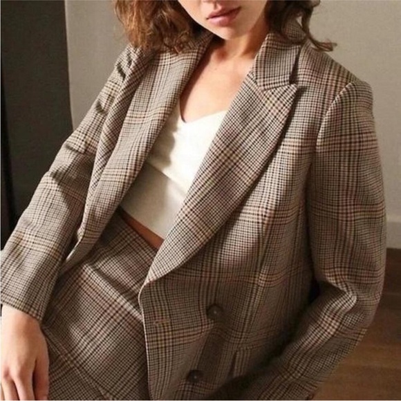 Aritzia Wilfred Margaux Academia Plaid Check Double Breasted Blazer Size 2 - Picture 3 of 10